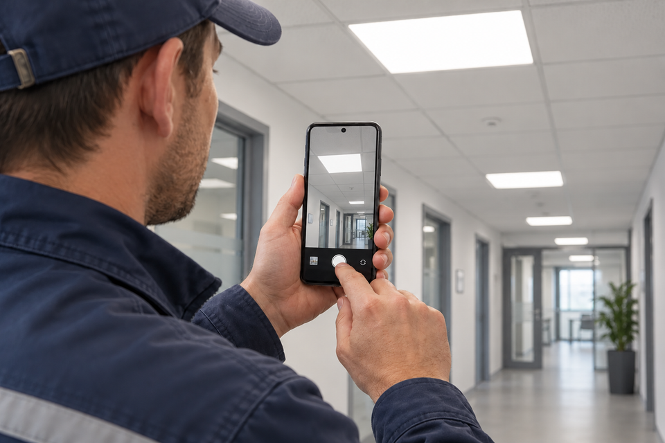 Исполнитель фотографирует работающий светильник для фотоотчёта