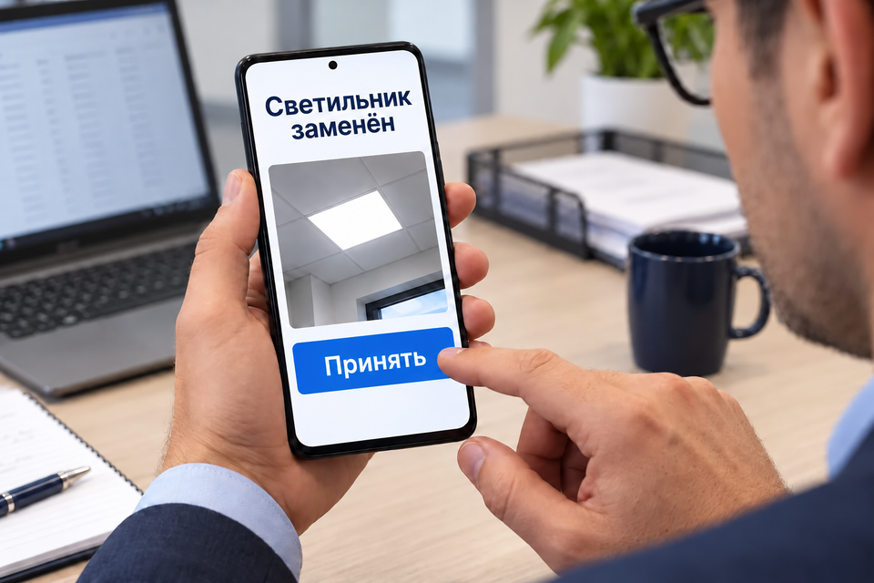 Руководитель проверяет фотоотчёт и принимает результат на телефоне